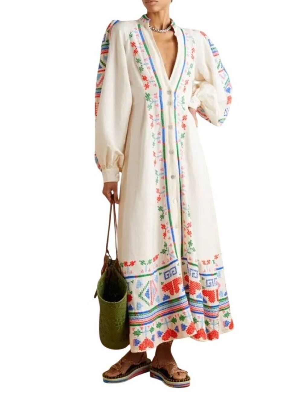 Farm Rio Graphic Embroidery Maxi Dress in Off-White - Size XS - Picture 1 of 8